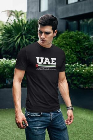 UAE National Day 50th anniversary T-shirt, 100% cotton, black with UAE flag and emblem print.