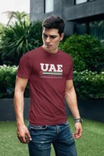 Men's maroon T-shirt with UAE National Day 50th anniversary logo, 100% cotton.