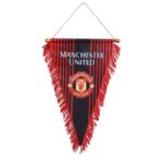 Manchester United football club flag with team logo and red and black stripes.
