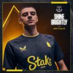 Official Everton away football jersey for 2024/25 season, featuring team logo and vibrant design.