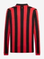 Football jersey with red and black vertical stripes, long sleeves, and team logo at the back neck.