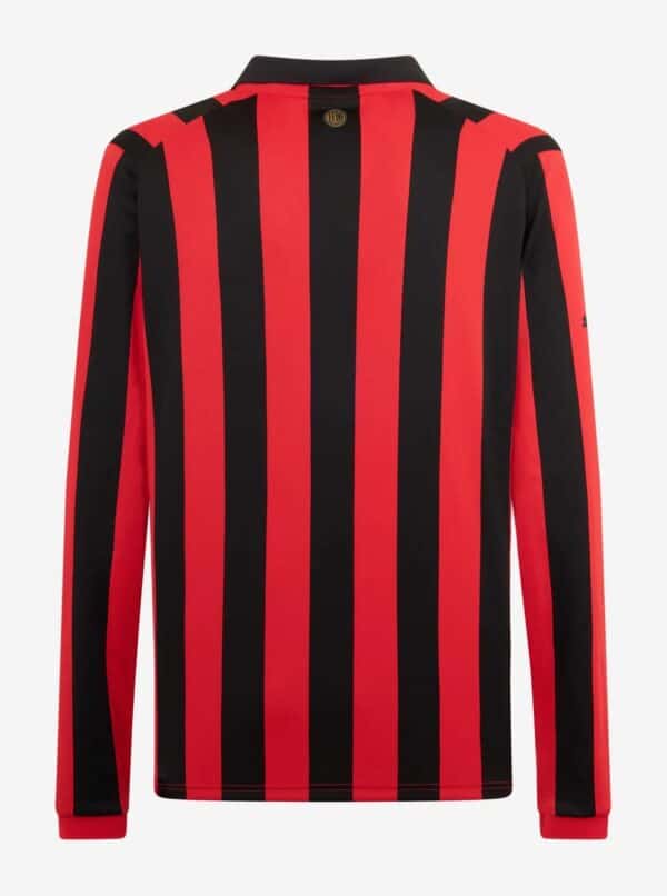 Football jersey with red and black vertical stripes, long sleeves, and team logo at the back neck.