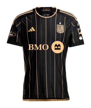 LAFC 2024/25 home football jersey with black and gold vertical stripes.