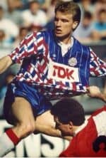 Authentic 1989/90 Ajx away football jersey with bold red, white, and blue design.