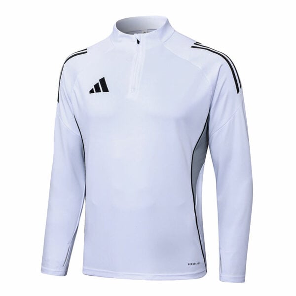 Adidas white sports tracksuit top with black stripes and logo, ideal for training and casual wear.