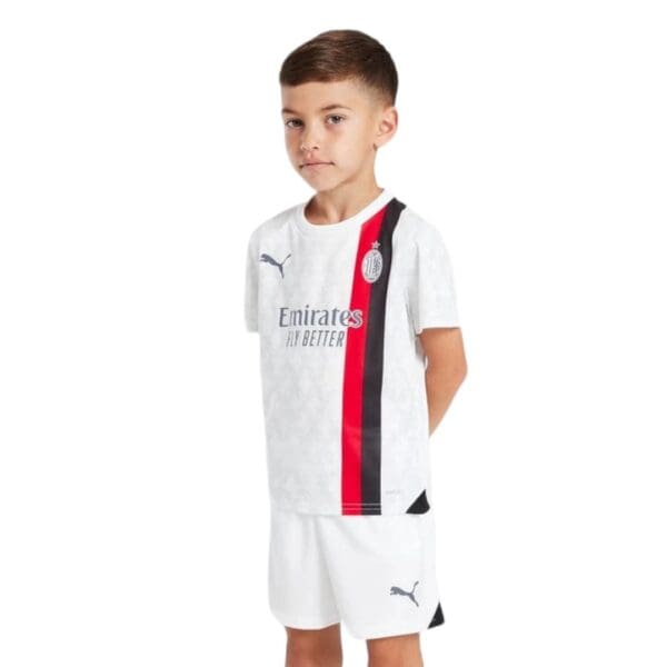 Kids AC Milan away football kit 2023/24 for young fans, featuring the official team colors and logo.