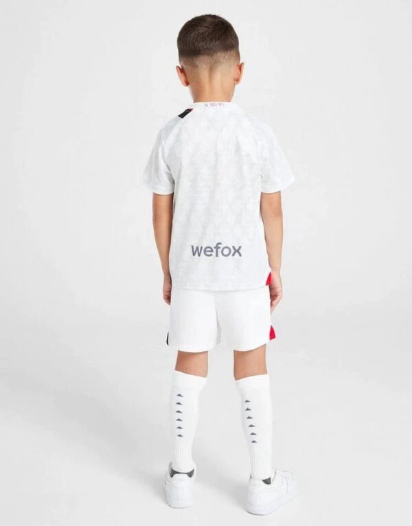 Kids football kit featuring AC Milan away design 2023/24. Perfect for young fans and players.