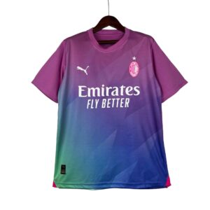 AC Milan third football jersey 2023/24 with vibrant purple, blue, and green design, featuring Puma l.
