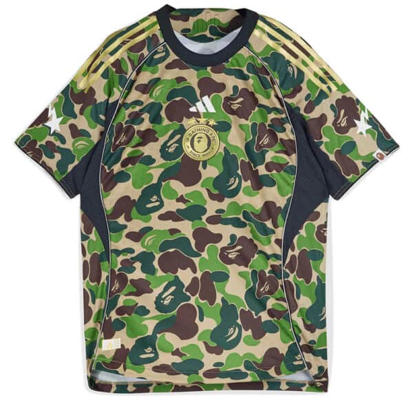 Green camouflage football jersey with Bape logo.