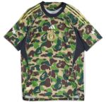 Green camouflage football jersey with Bape and Adidas logos.
