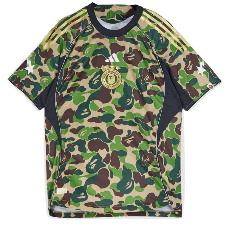 Green camouflage football jersey with Bape and Adidas logos.