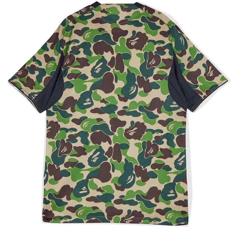 Green camouflage football jersey with Bape branding.