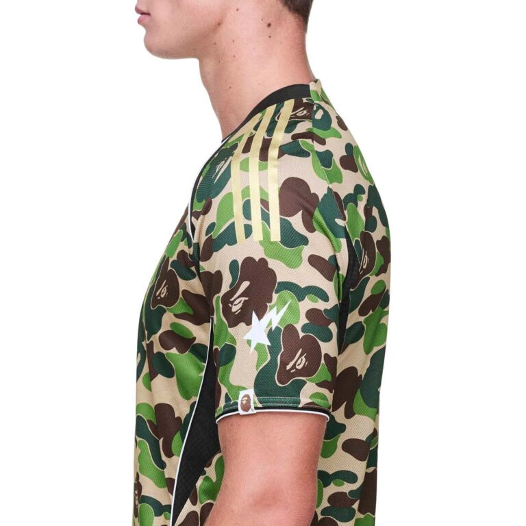 Green camouflage Adidas Bape football jersey for fans.