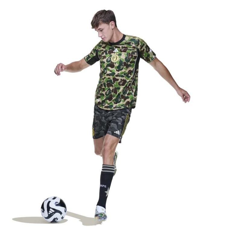 Green camouflage Adidas Bape football jersey for fans and players.
