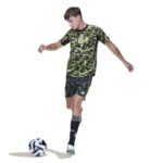 Green camouflage football jersey with Bape branding.