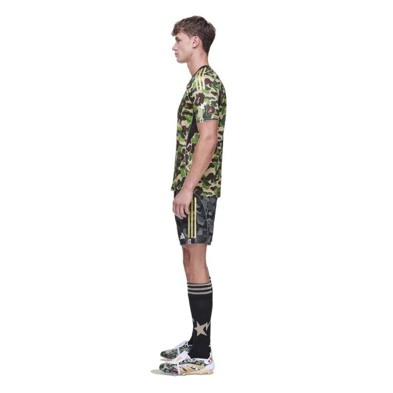 Green camouflage Adidas Bape football jersey for fans and players.