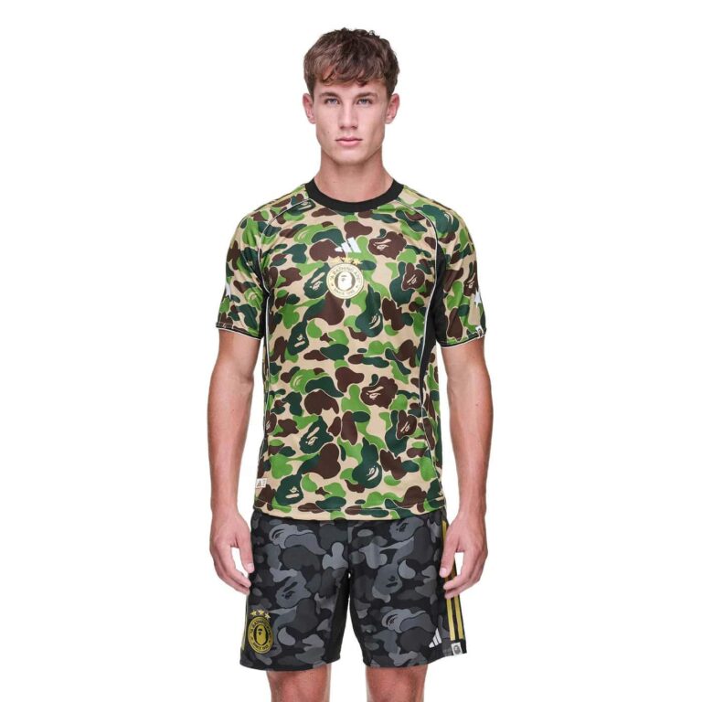 Green camouflage Adidas Bape football jersey for fans and athletes.