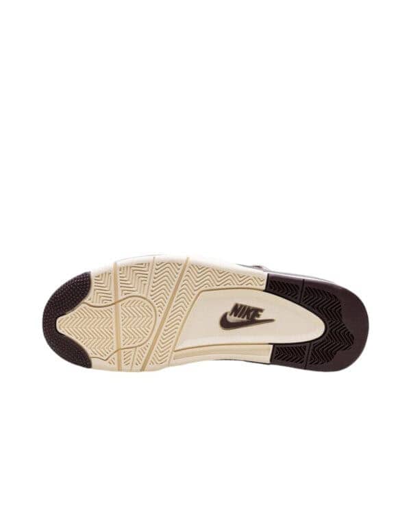 Air Jordan 4 Fossil Stone sneaker with Nike logo and beige, brown, and cream colorway.