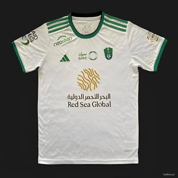 Authentic Al-Ahli Saudi away football jersey with green accents, perfect for fans and supporters.