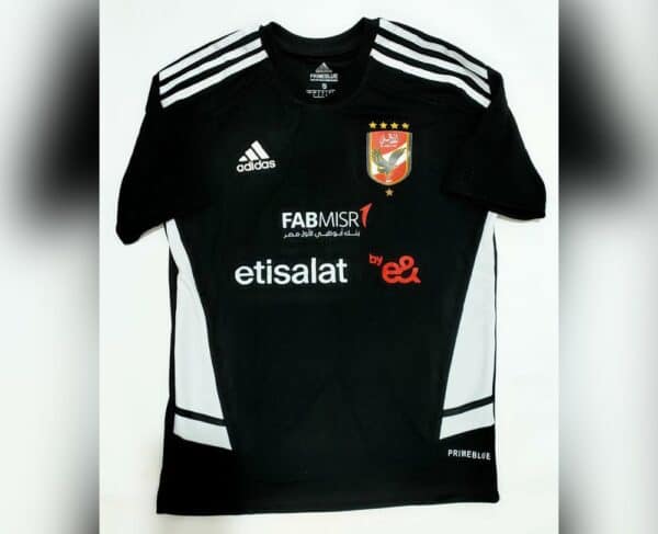 Al Ahly away jersey with 3D logo, black color, official 2022/23 football kit for fans and players.