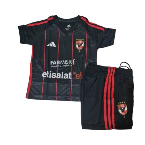 Al Ahly Club away jersey for kids, 2023/24 season, featuring team logo and red and black design.