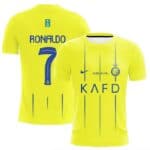 Ronaldo 7 home jersey for AL Nassr 2023/24 season, authentic football shirt with team logo and playe.