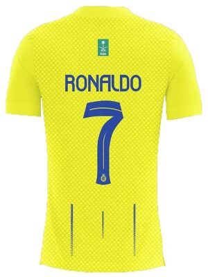 Ronaldo 7 Al Nassr home football jersey 2023/24 season, yellow with blue name and number.