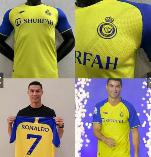 AL Nassr Ronaldo 7 football jersey with team logo and vibrant yellow and blue design.