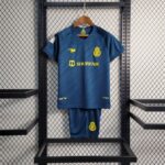 Kids football away kit for Al-Nassr 2022/23 season, blue jersey and shorts set.