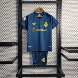 Kids football away kit for Al-Nassr 2022/23 season, blue jersey and shorts set.