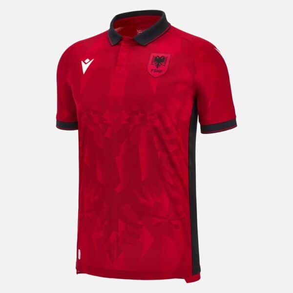 Albania national football team home jersey for 2023/24 season, red with black accents, featuring tea.