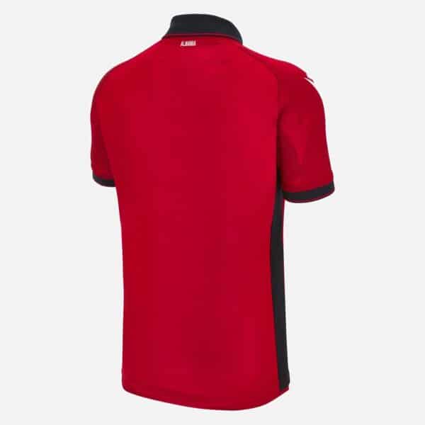 Albania national football team home jersey for 2023/24 season, red with black accents, official spor.