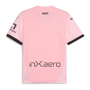 Palermo F.C. 2024/25 home football jersey in pink with black accents and sponsor logos.