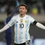 Lionel Messi in Argentina Copa America 2021 jersey with badge.