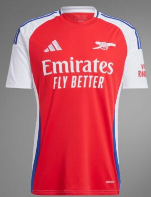 Gunners Arsenal home football jersey 2024/25, red with white and blue accents, official Premier Leag.