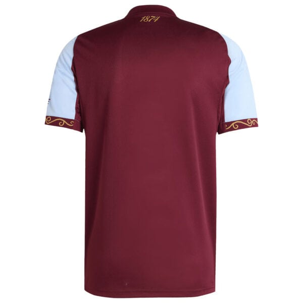 Authentic Aston Villa football jersey for 2025/26 season, maroon with white sleeves and gold accents.