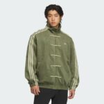 Unisex olive green Adidas casual jacket with traditional toggle closures and signature stripes.
