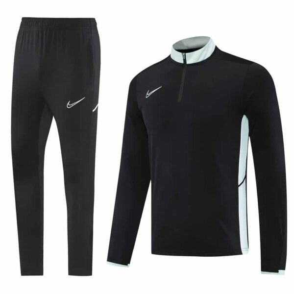 High-performance Nike Dri-Fit black tracksuit with white accents for athletes.