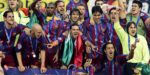 Barcelona 2006 Champions League final team celebrating victory with Ronaldinho 10 jersey.