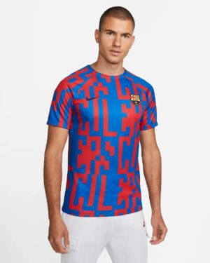 Pre-Match Jersey 2022/23 with FC Barcelona crest, blue and red geometric design.