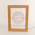 Wooden frame with Bayern Munich logo on glass, sports memorabilia display.