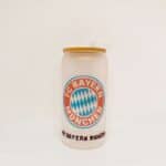 Bayern Munich branded beverage can with straw, featuring team logo.