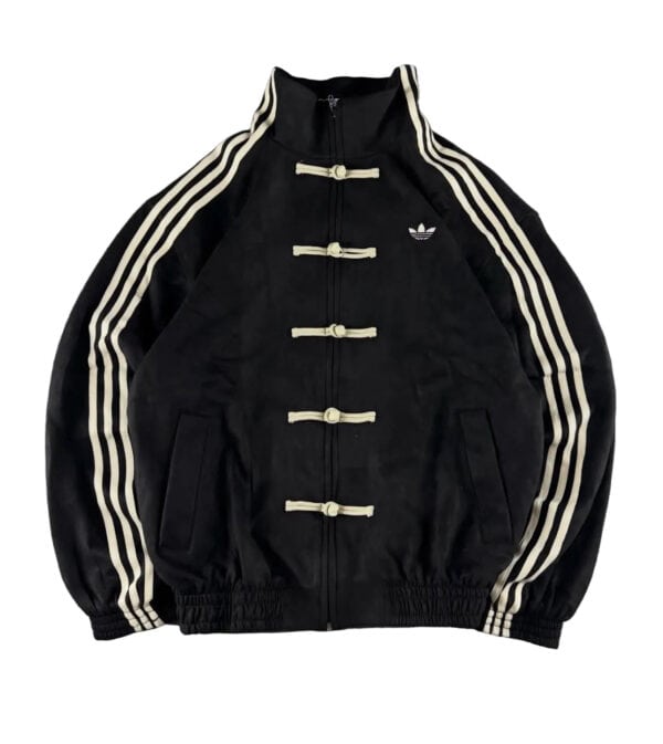 Black unisex Adidas casual jacket with Chinese-inspired design elements.