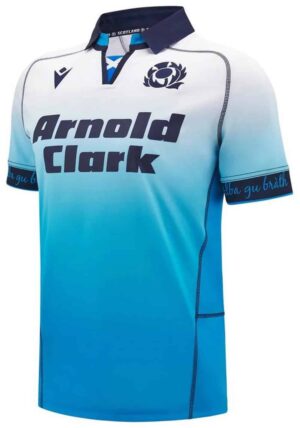 Official Scotland football away jersey 2025 by Macron, featuring blue and white design with team log.