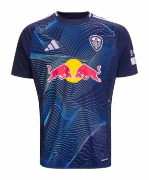 Leeds United third football jersey 2024/25 with Red Bull logo, navy blue with dynamic pattern.