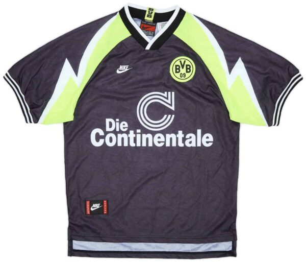 Authentic Borussia Dortmund 1995-96 away football jersey, black with neon yellow accents.