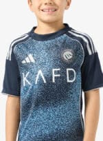 Al-Nassr youth away football jersey 2025/26 with Ronaldo 7, featuring blue digital pattern and team.
