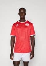 Tunisian national team football jersey 2023, red with white accents, authentic sportswear.