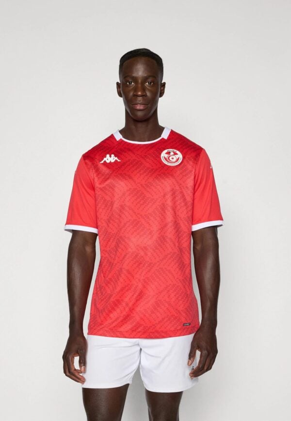 Tunisian national team football jersey 2023, red with white accents, authentic sportswear.