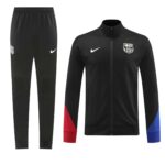 Black FC Barcelona tracksuit with Nike logo and team crest, perfect for fans and athletes.
